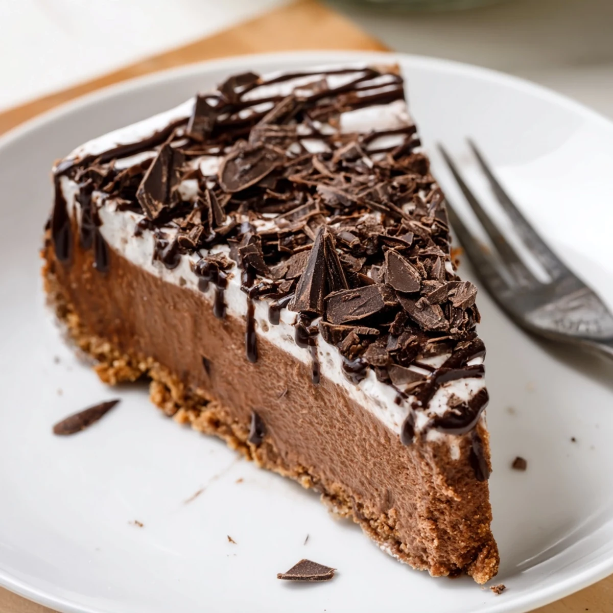 A close-up view shows the smooth, creamy texture of the Lighter Chocolate Cottage Cheese Cheesecake topped with a dollop of Greek yogurt and dark chocolate shavings.