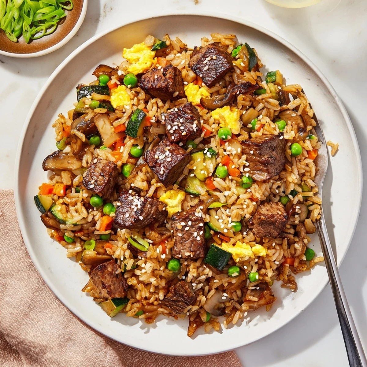 Golden-brown steak cubes and vibrant vegetables are stir-fried with fluffy jasmine rice in this Easy Hibachi Steak With Fried Rice, garnished with fresh green onions.
