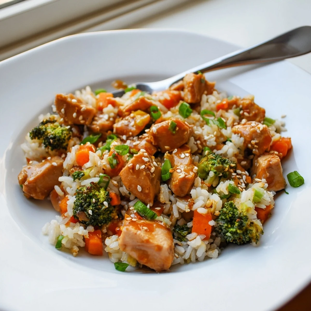 Savory One Pan Honey Garlic Chicken Broccoli Rice steams in a skillet, garnished with green onions and sesame seeds for a complete weeknight meal.