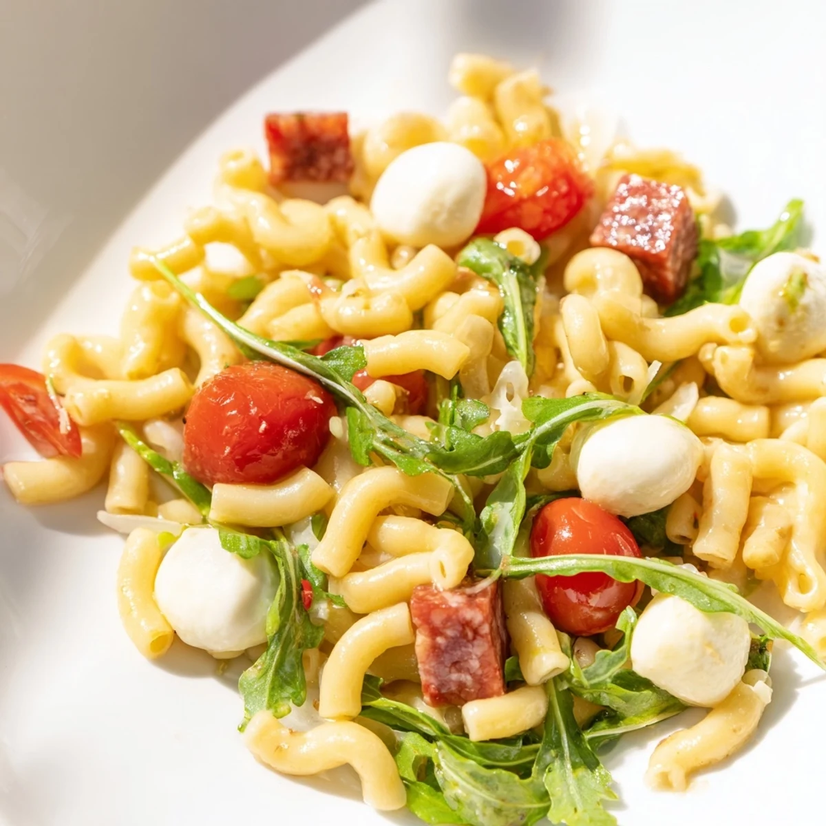 Bright spring antipasto pasta salad with ditalini, peppery arugula, salami, and mozzarella pearls tossed in a zesty vinaigrette.  