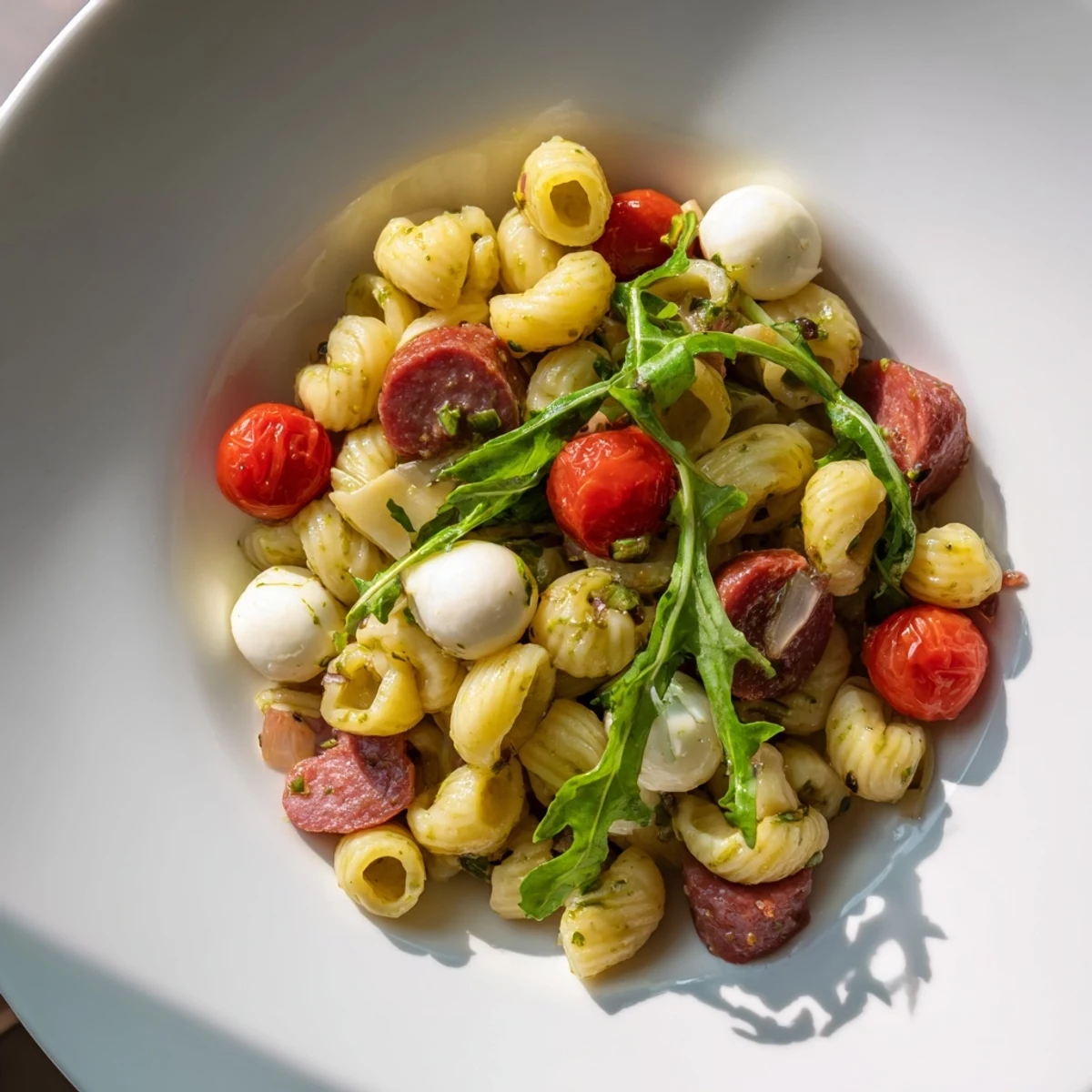 Spring antipasto pasta salad tossed with arugula, salami, mozzarella, and pickled vegetables, perfect for a sunny outdoor lunch.