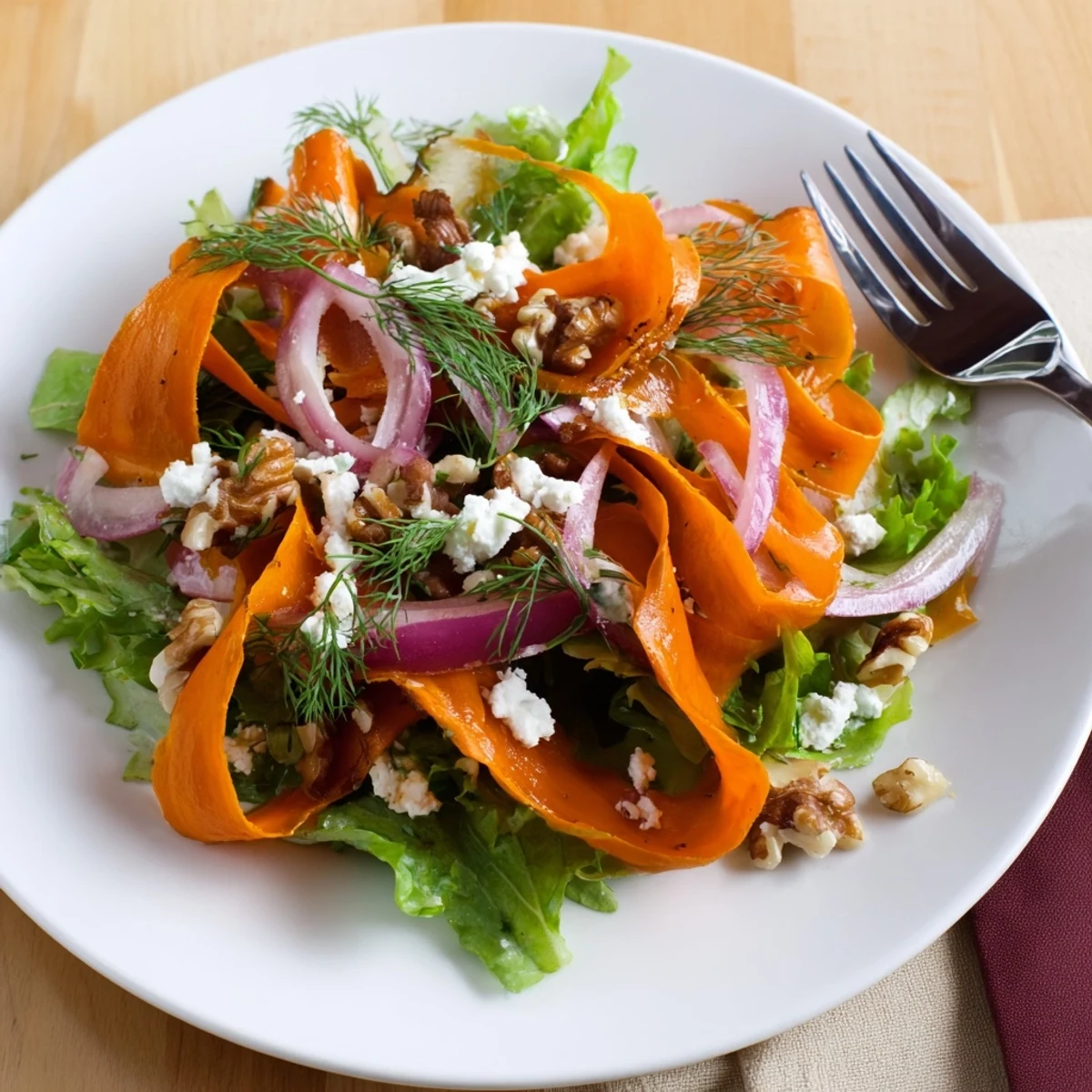 Delicate roasted carrot ribbons mingle with peppery arugula and a sweet honey-mustard vinaigrette.