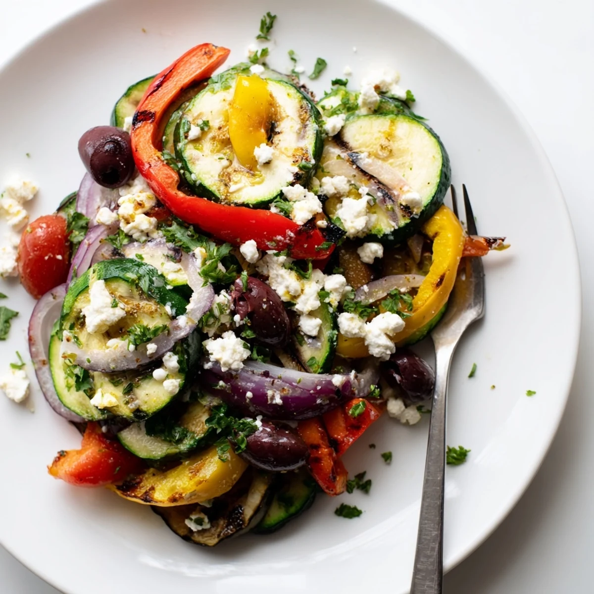 Brightly colored roasted Mediterranean vegetables and crumbled feta cheese piled high on a platter, garnished with fresh parsley and ready to serve.