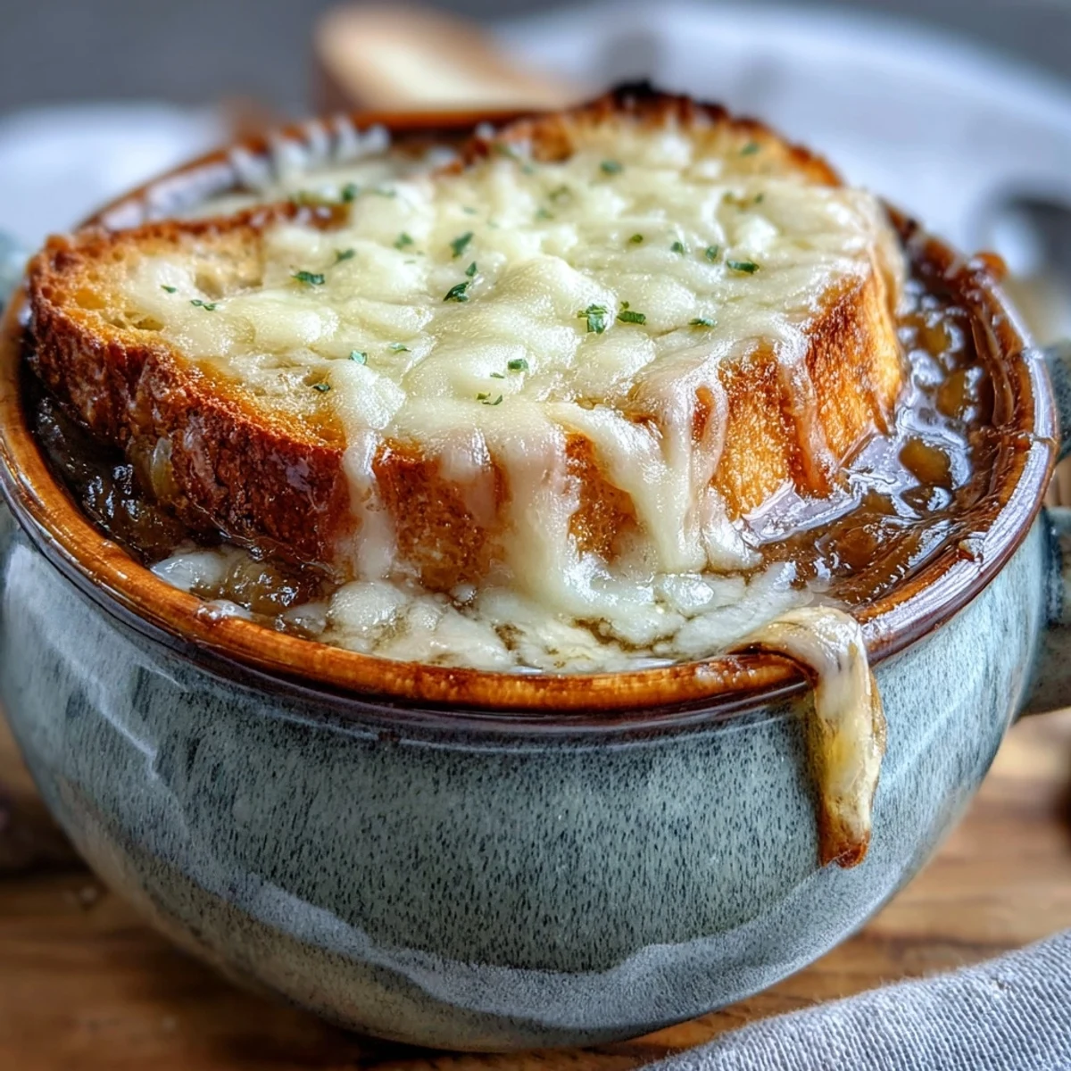 Steaming Classic French Onion Soup fills a broiler-safe bowl, crowned with a golden, bubbly Gruyère crust.