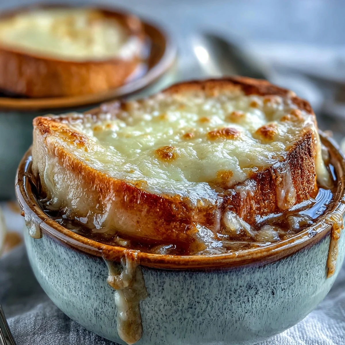 Melted Gruyère stretches atop Classic French Onion Soup, served beside fresh thyme and a glass of dry white wine.