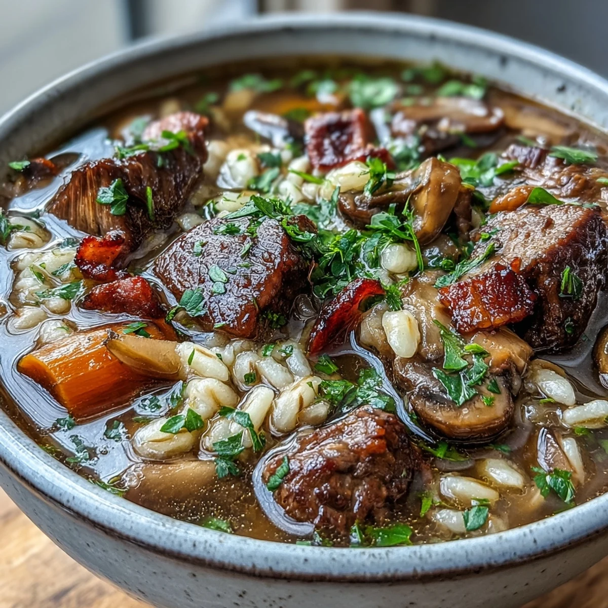 Steaming beef and barley soup with mushrooms ladled into a rustic bowl, garnished with fresh parsley.