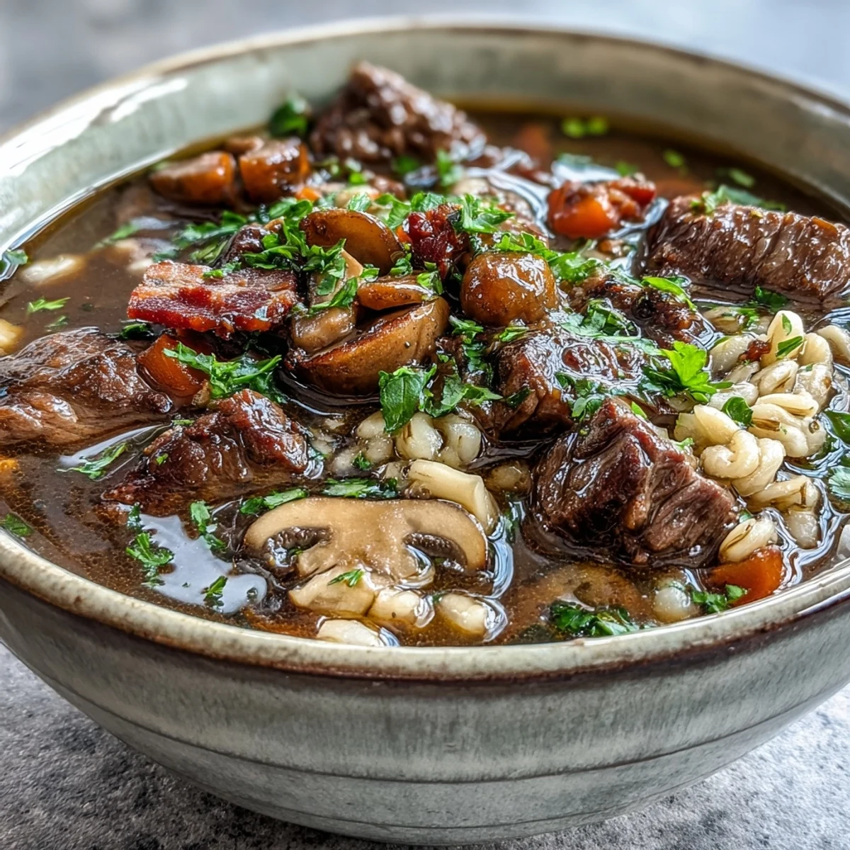 Hearty beef and barley soup with mushrooms simmering in a pot, featuring pancetta and carrots.
