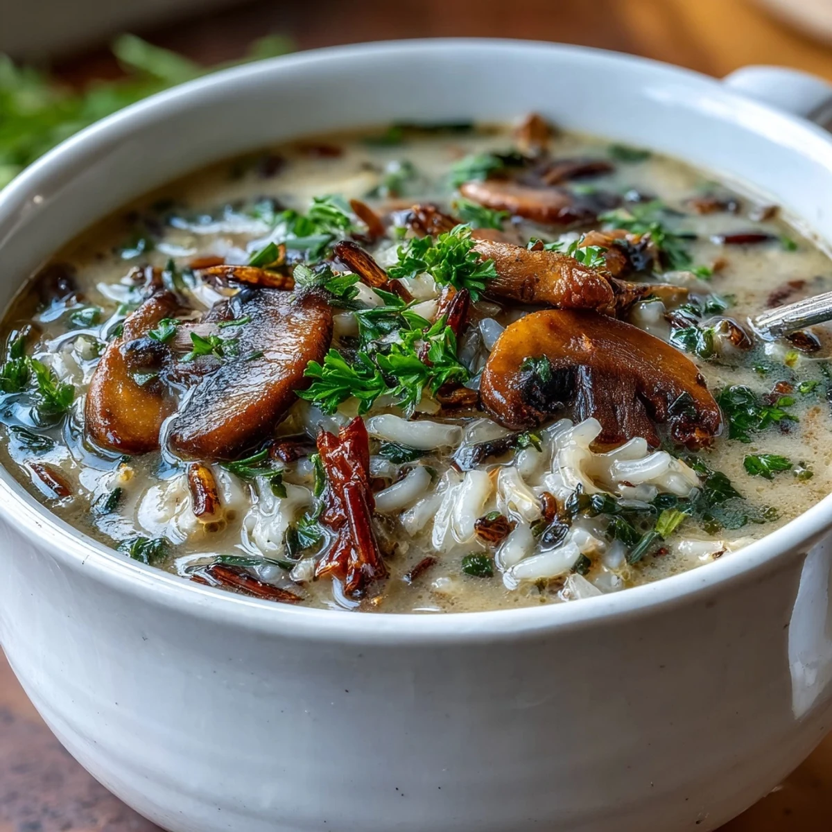 Creamy Wild Rice Mushroom Soup in a rustic bowl, garnished with fresh parsley and a drizzle of olive oil.