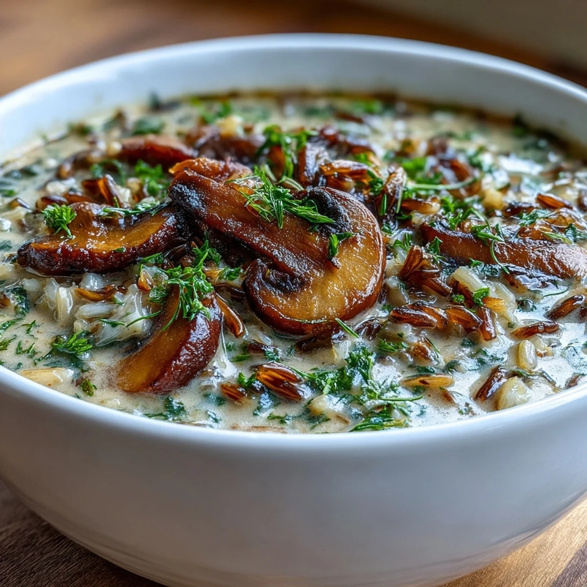 Spoon lifting a serving of hearty Wild Rice Mushroom Soup from a white bowl, revealing its rich texture.