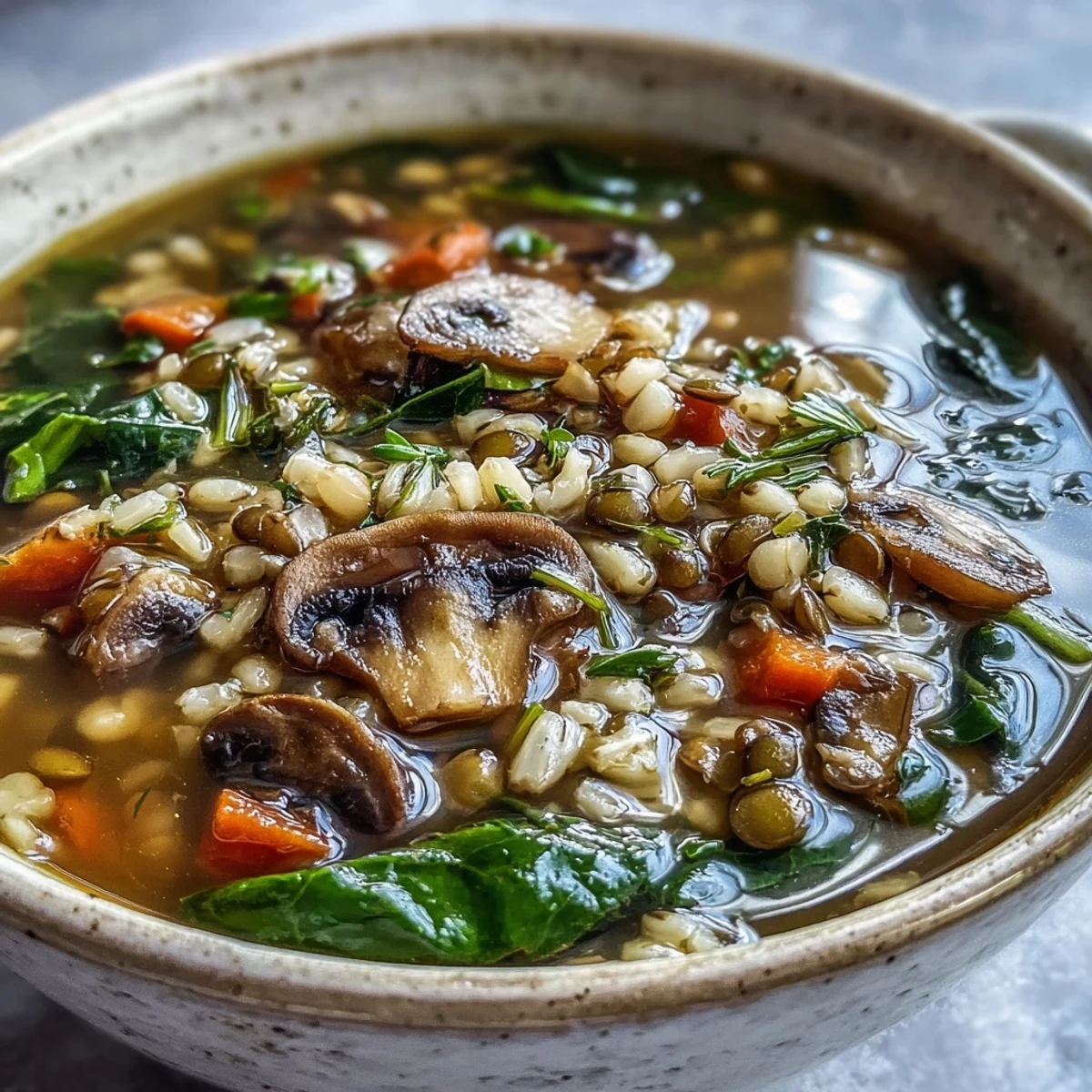 Rustic pot of Double Lentil and Mushroom Barley Soup served with crusty bread, showcasing red lentils, barley, and smoky paprika.