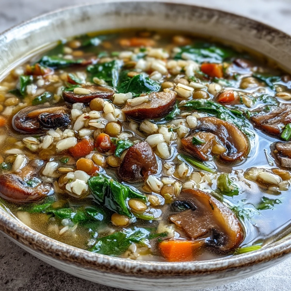 Steaming bowls of Double Lentil and Mushroom Barley Soup featuring sautéed mushrooms, tender lentils, and pearl barley with fresh parsley garnish.
