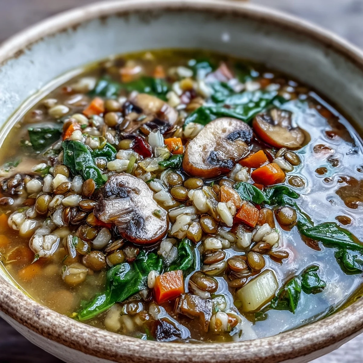A close-up of hearty Double Lentil and Mushroom Barley Soup in a rustic bowl, highlighting earthy mushrooms and vibrant collard greens.