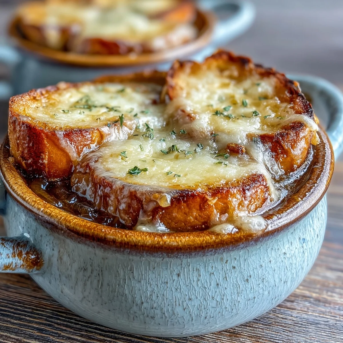 Steaming ladle of rich, deeply caramelized onion soup ready to be poured into a cozy bistro-style serving bowl.