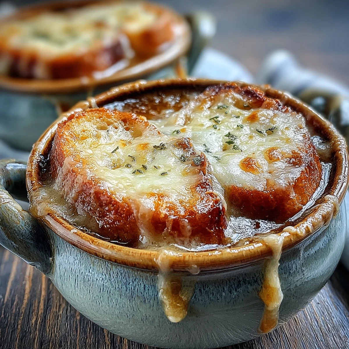 Golden, bubbly Gruyère blankets this classic French Onion Soup in a rustic oven-safe bowl, topped with toasted baguette.