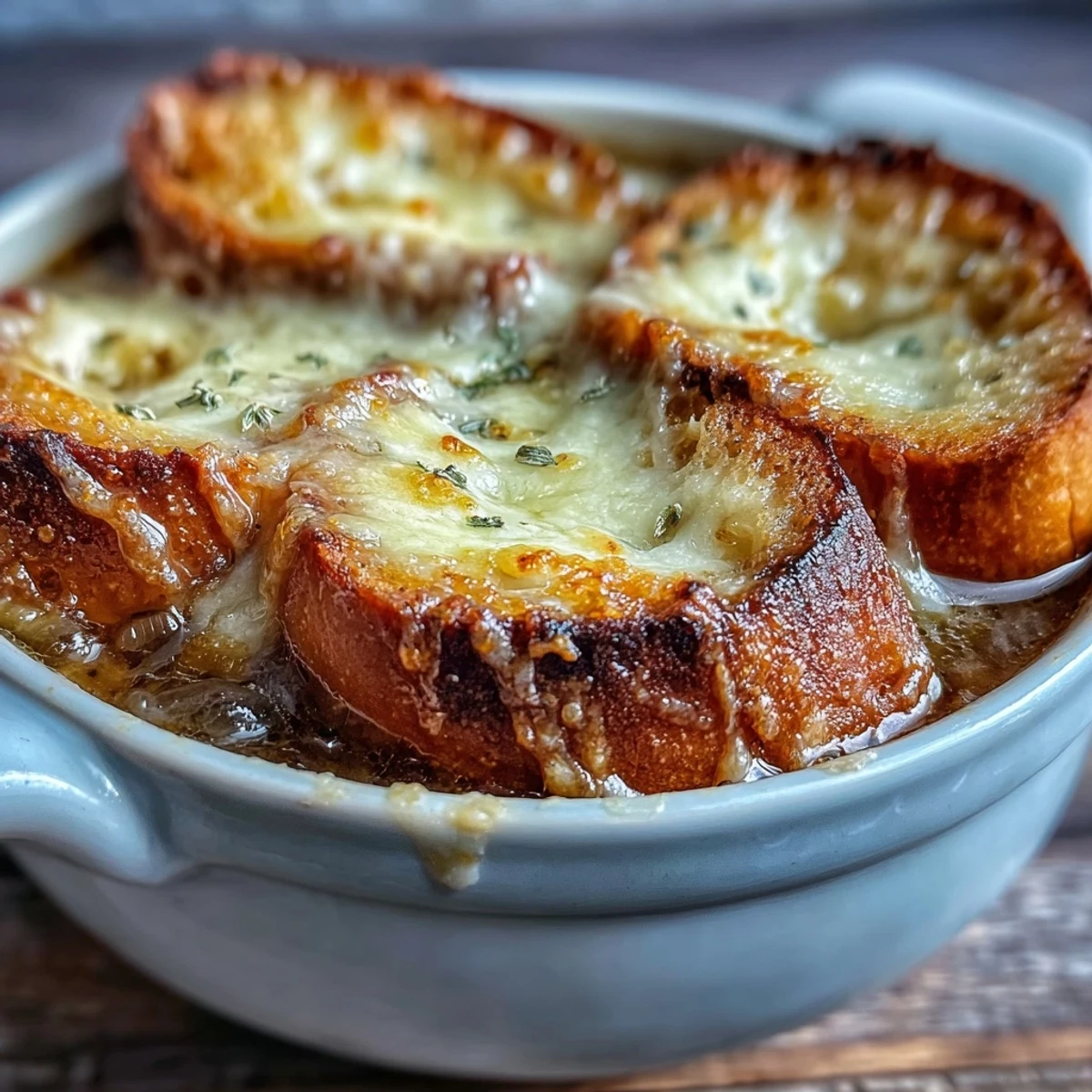 Melted cheese pulls and golden baguette croutons crown this hearty French Onion Soup, served with fresh thyme garnish.