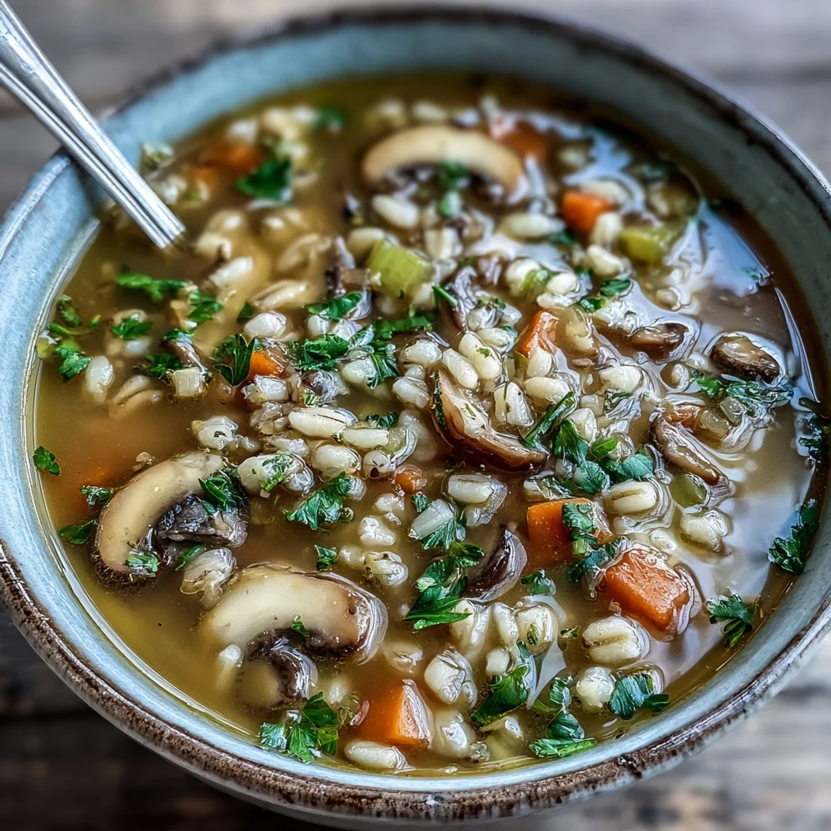 Hearty vegetarian Mushroom Barley Soup in a rustic bowl, garnished with fresh parsley, ready to serve with rye bread.