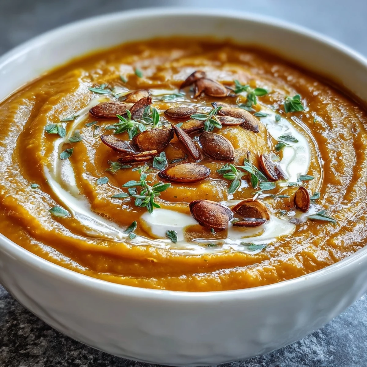 Roasted butternut squash soup in a rustic bowl, topped with toasted pumpkin seeds and fresh thyme.