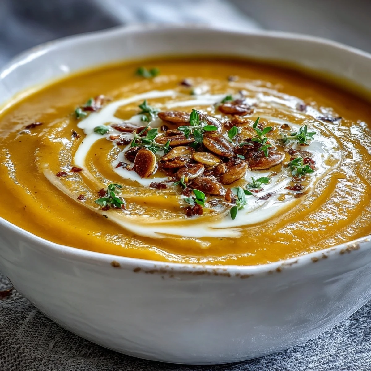 Creamy roasted butternut squash soup garnished with thyme and seeds, paired with crusty bread for dipping.
