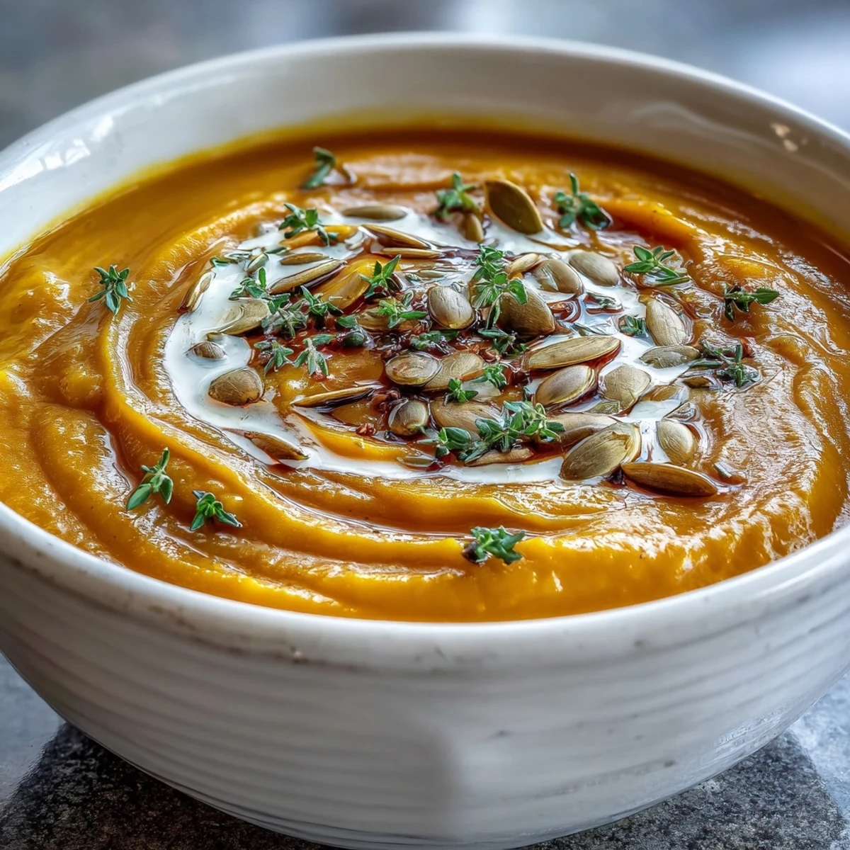 A spoon dips into smooth roasted butternut squash soup, showcasing its velvety texture and rich orange color.