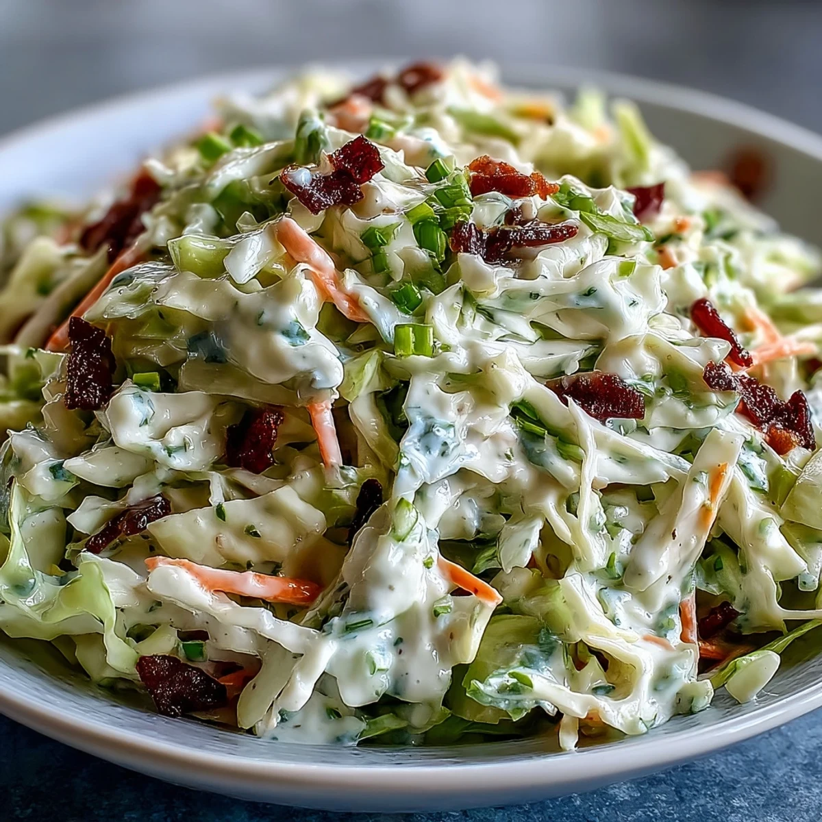Freshly tossed Coleslaw With Creamy Dressing in a white bowl, with crisp cabbage and shredded carrots coated in tangy dressing.