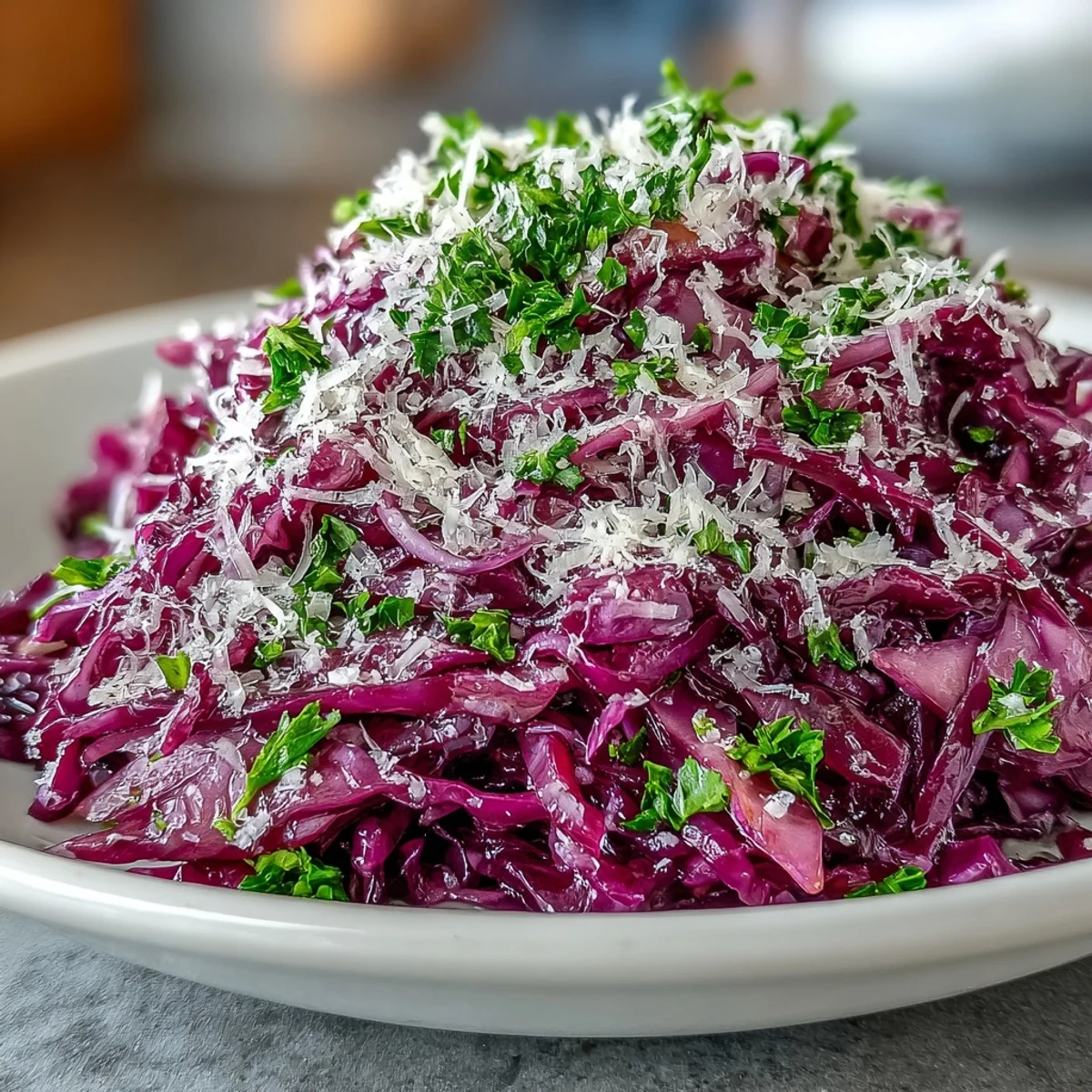 Bright red cabbage and green apple slices tossed with shaved Parmesan in a glass bowl.