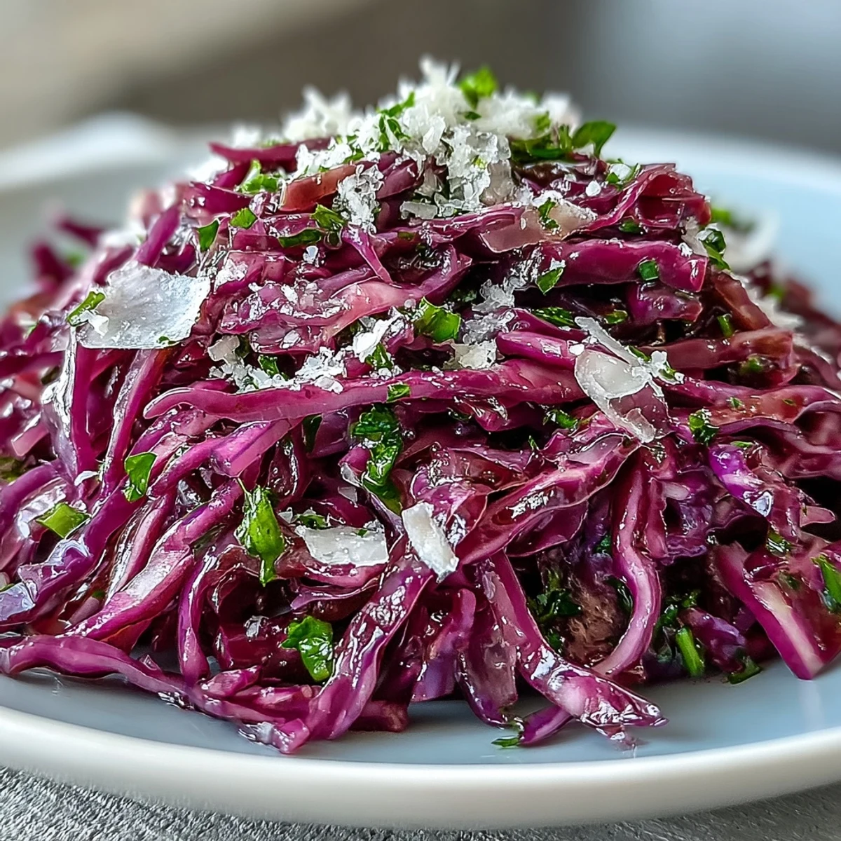 Freshly tossed Red Cabbage Coleslaw with Apple and Parmesan garnished with parsley for a vibrant side dish.