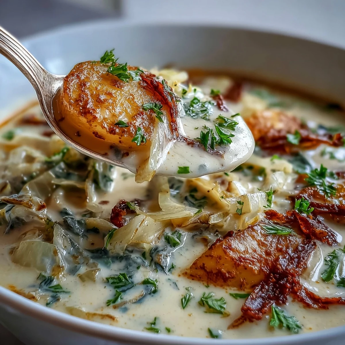 Velvety Creamy Potato Soup with Cabbage simmering in a pot, steam rising from tender potatoes, cabbage, and carrots.