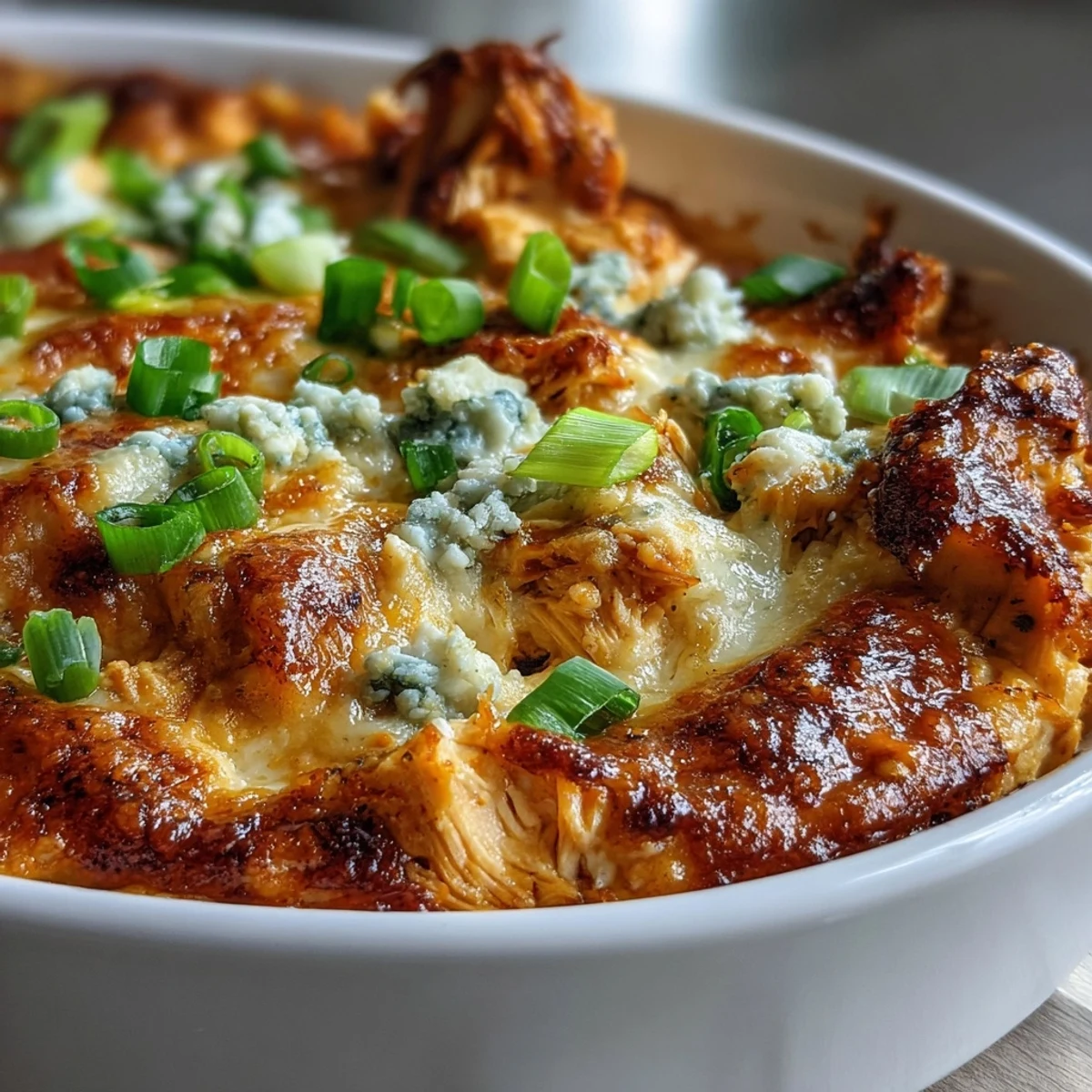 Hot, cheesy Buffalo Chicken Dip fresh from the oven, golden crust and green onion garnish perfect for game day snacking.