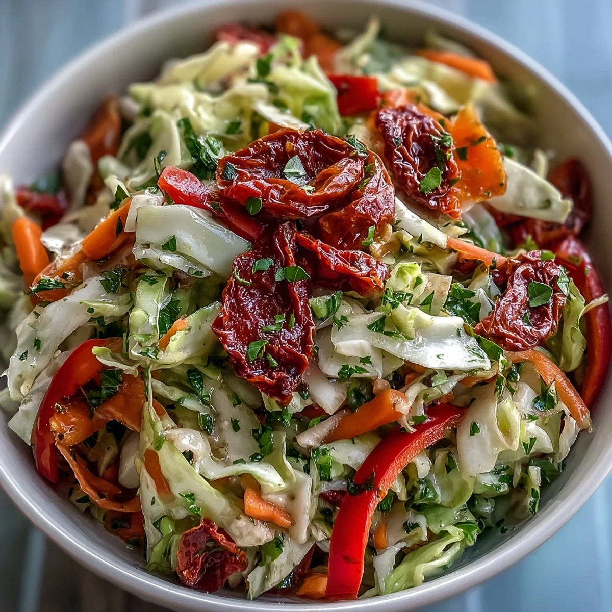 Healthy Cabbage Salad With Sundried Tomatoes plated with chopped parsley, dill, and chives, offering a colorful, gluten-free vegetarian lunch or light side next to grilled chicken.