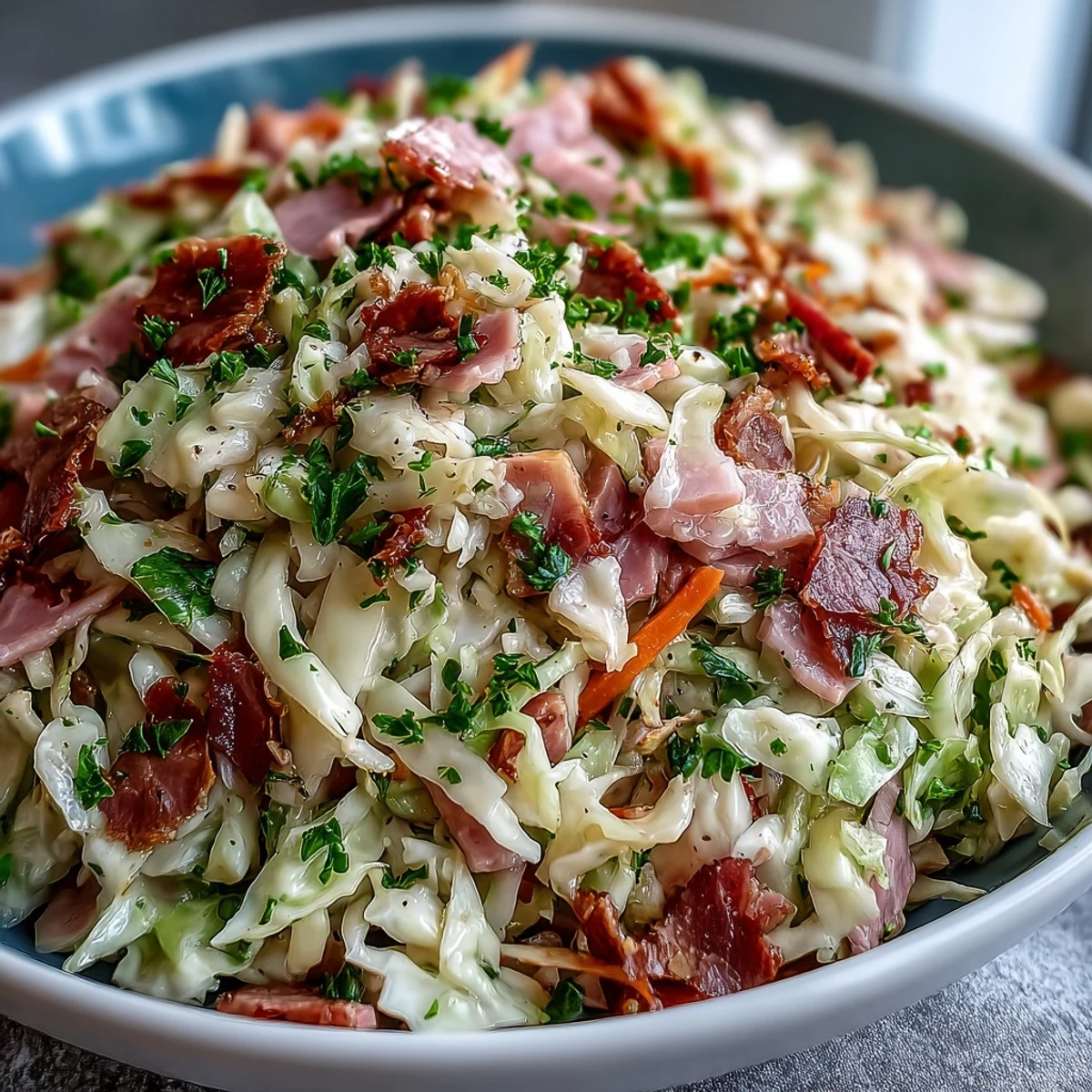 Close-up of German Cabbage Coleslaw With Shredded Ham showing bright purple and green cabbage ribbons with shredded ham and caraway seeds on a rustic wooden table.