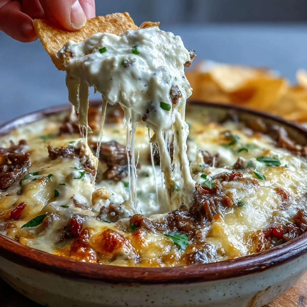 Golden bubbly Philly Cheesesteak Dip with shaved ribeye, peppers, and onions served on crostini.