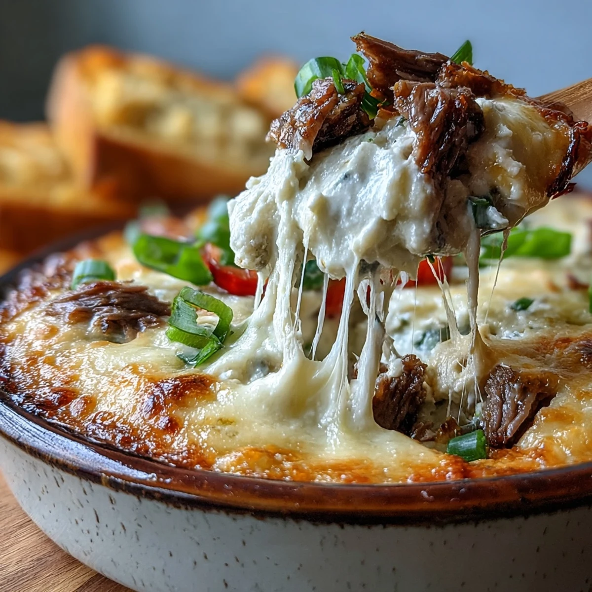 Creamy hot Philly Cheesesteak Dip baked in a dish with melted provolone and toasted bread.