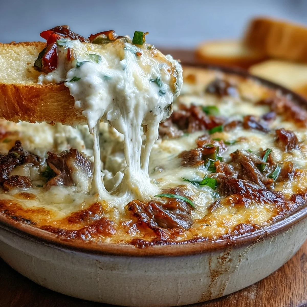 Ooey-gooey Philly Cheesesteak Dip topped with provolone, sautéed peppers, and onions ready for dipping.