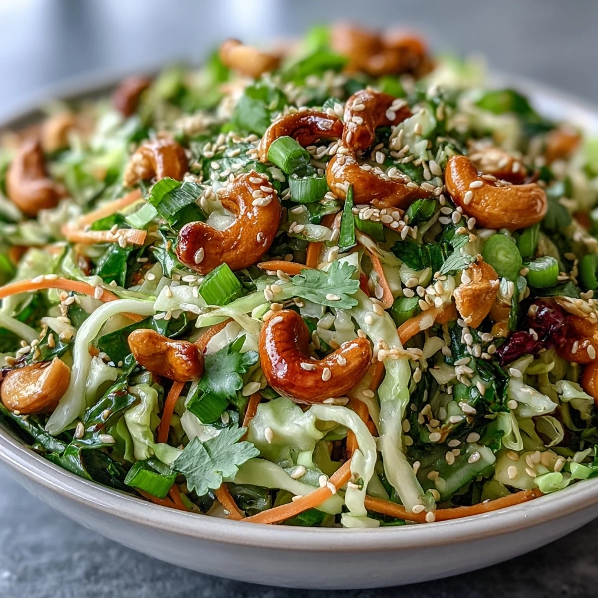 Freshly tossed Asian Cabbage Salad filled with crisp greens, sesame seeds, and chopped peanuts in a vibrant ceramic bowl.