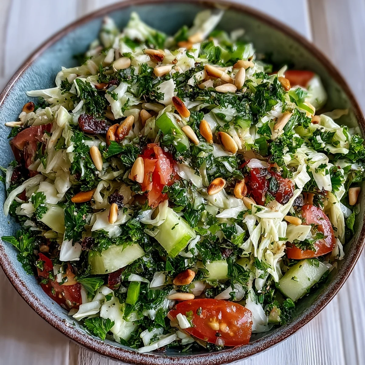 Shredded cabbage, tomatoes, and fresh herbs are tossed in a zesty lemon dressing for this Lebanese Cabbage Salad.