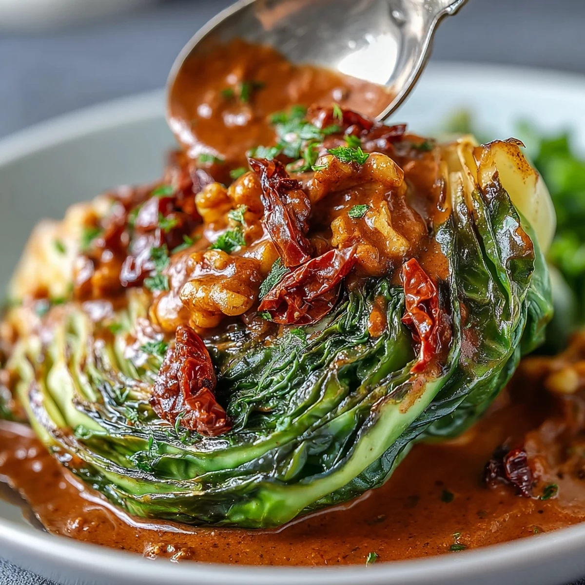 Golden roasted cabbage wedges on a baking sheet ready for the oven.