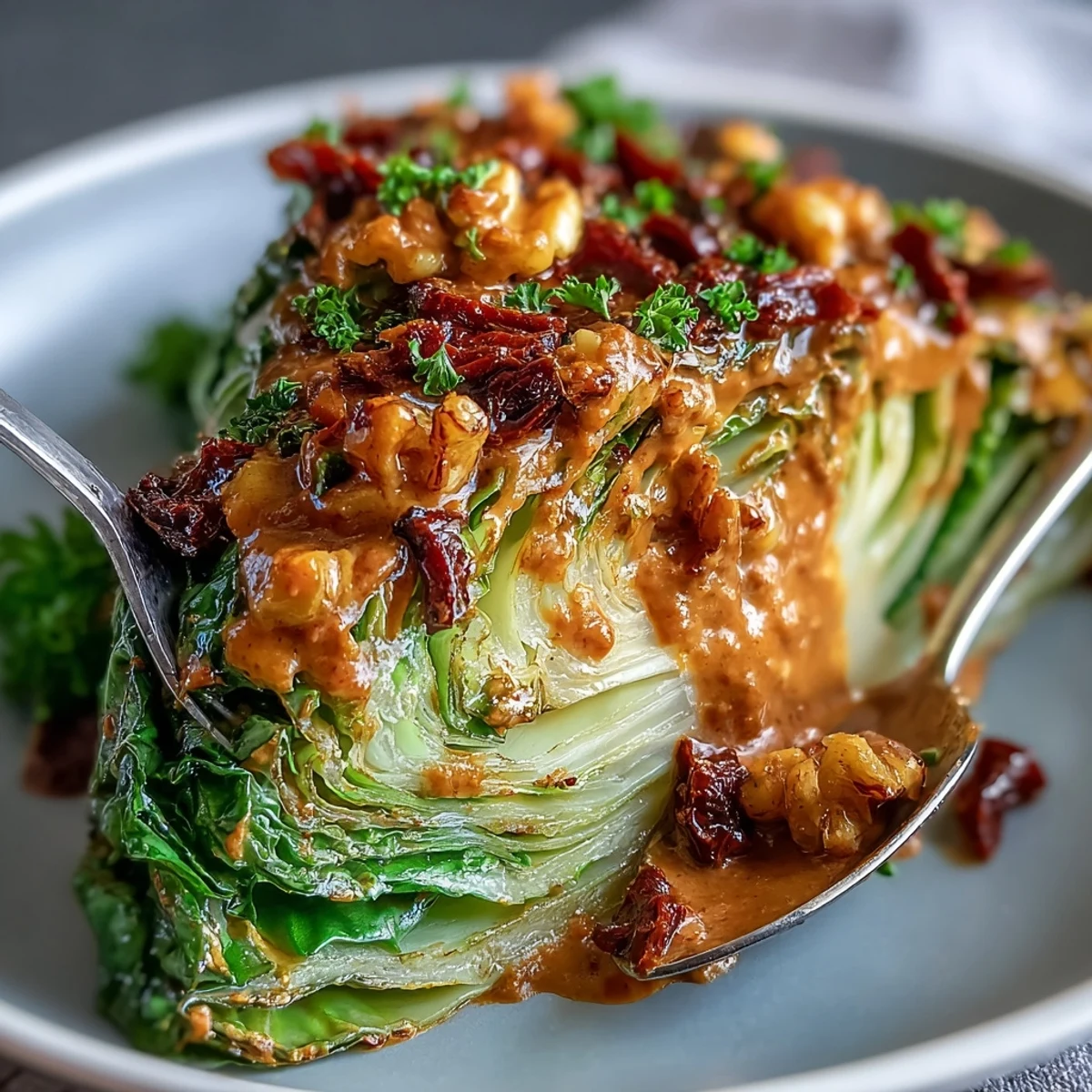 Golden-brown cabbage wedges drizzled with nutty romesco and fresh parsley garnish.