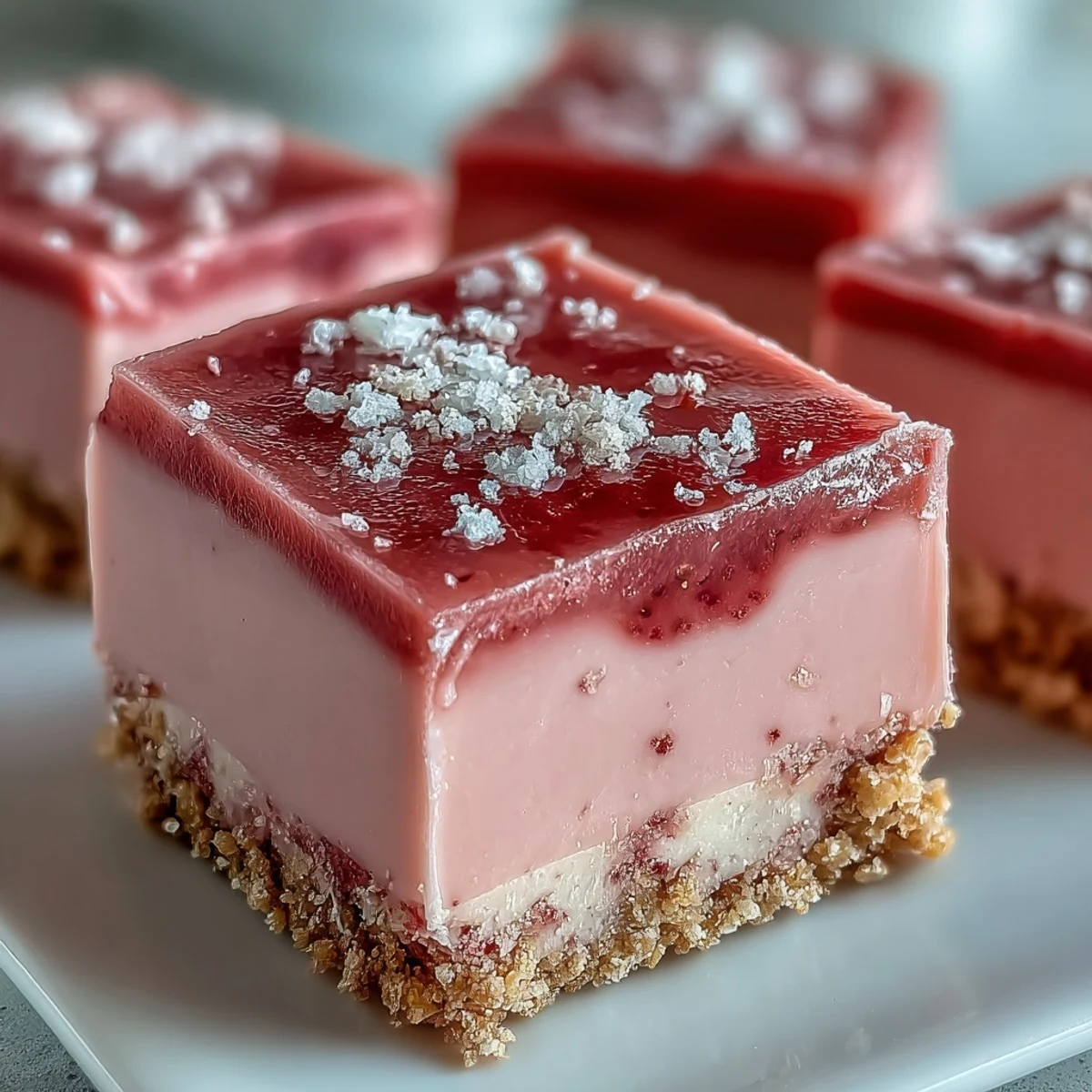 Bright pink squares of No-Bake Strawberry Fudge Squares served chilled on a white plate for an easy family treat.