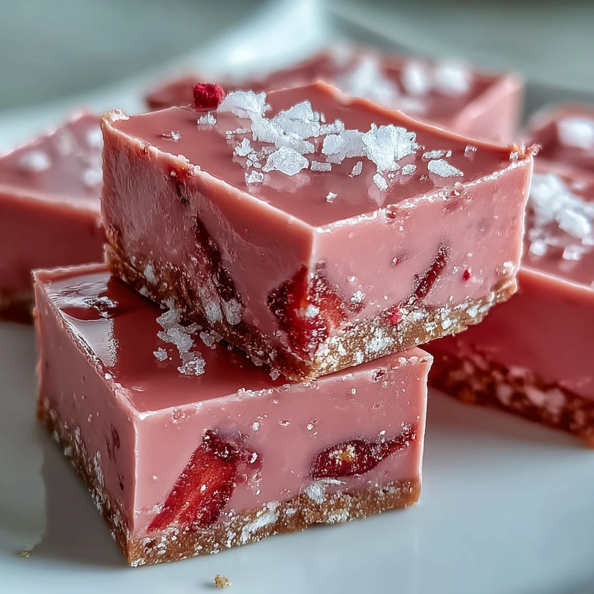 Gluten-free graham crust topped with creamy No-Bake Strawberry Fudge Squares next to a glass of cold milk.