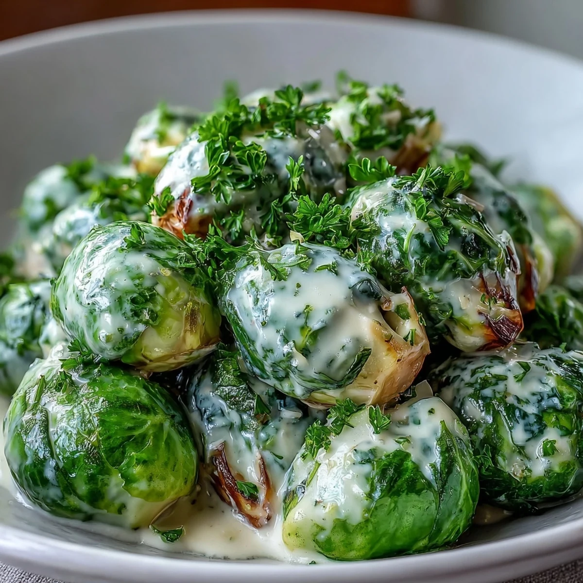 Freshly boiled Brussels sprouts coated in a silky cream cheese and Dijon mustard sauce in a skillet.