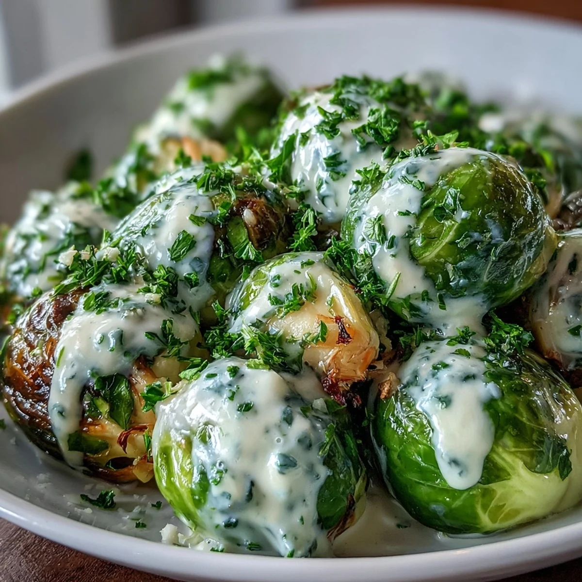 Roasted Brussels sprouts in a rich cream cheese and Dijon mustard sauce, garnished with fresh parsley.