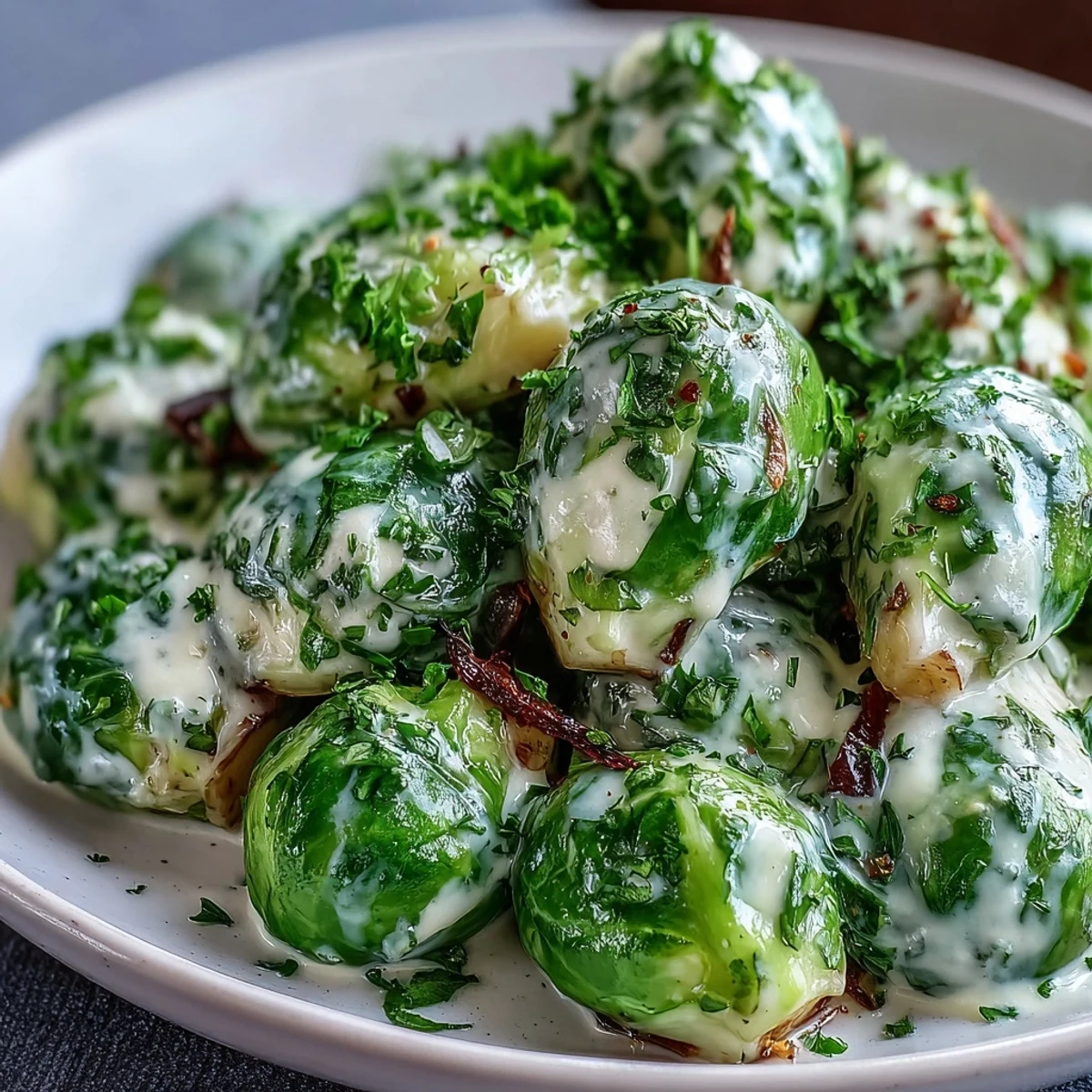 Savory Brussels sprouts in cream cheese-mustard sauce served warm as a vegetarian dinner side dish.