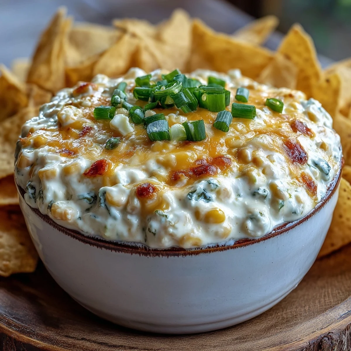 Close-up of Crack Corn Dip showing sweet corn kernels and smooth cream cheese with a drizzle of sour cream.