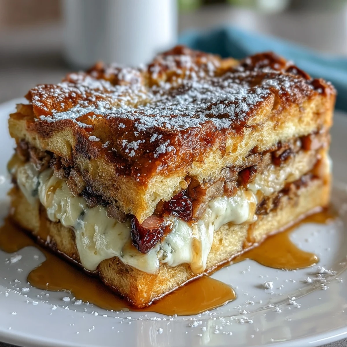 Golden-brown Monte Cristo Breakfast Casserole with a dusting of powdered sugar and maple syrup.