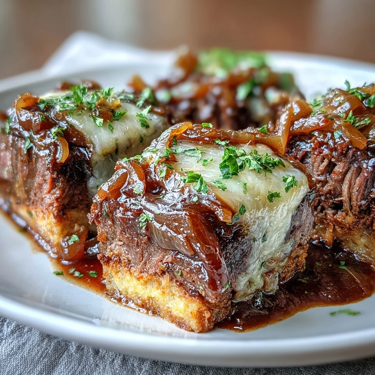 In a bowl, Savory Crock Pot French Onion Pot Roast steams with thyme, wine juices, and onions over mashed potatoes.