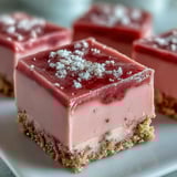 Bright pink squares of No-Bake Strawberry Fudge Squares served chilled on a white plate for an easy family treat.
