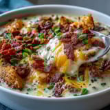 Hearty bowl of Loaded Potato Soup with velvety russet potatoes, cheese, and bacon, ready for a cozy winter lunch.