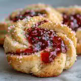 Close-up of Raspberry Swirl Shortbread Cookies showing crisp edges and soft centers dusted with sparkling granulated sugar.