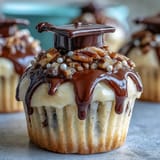 Festive vanilla cupcakes decorated with buttercream frosting and edible graduation caps, ideal for party dessert tables.
