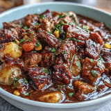 Rich Southern Kentucky Derby Burgoo featuring beef, pork, and chicken with a colorful mix of vegetables.  